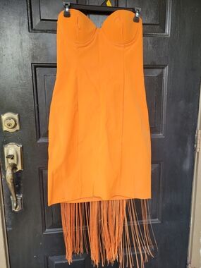 Strapless Orange Fringe Bodycon Dress